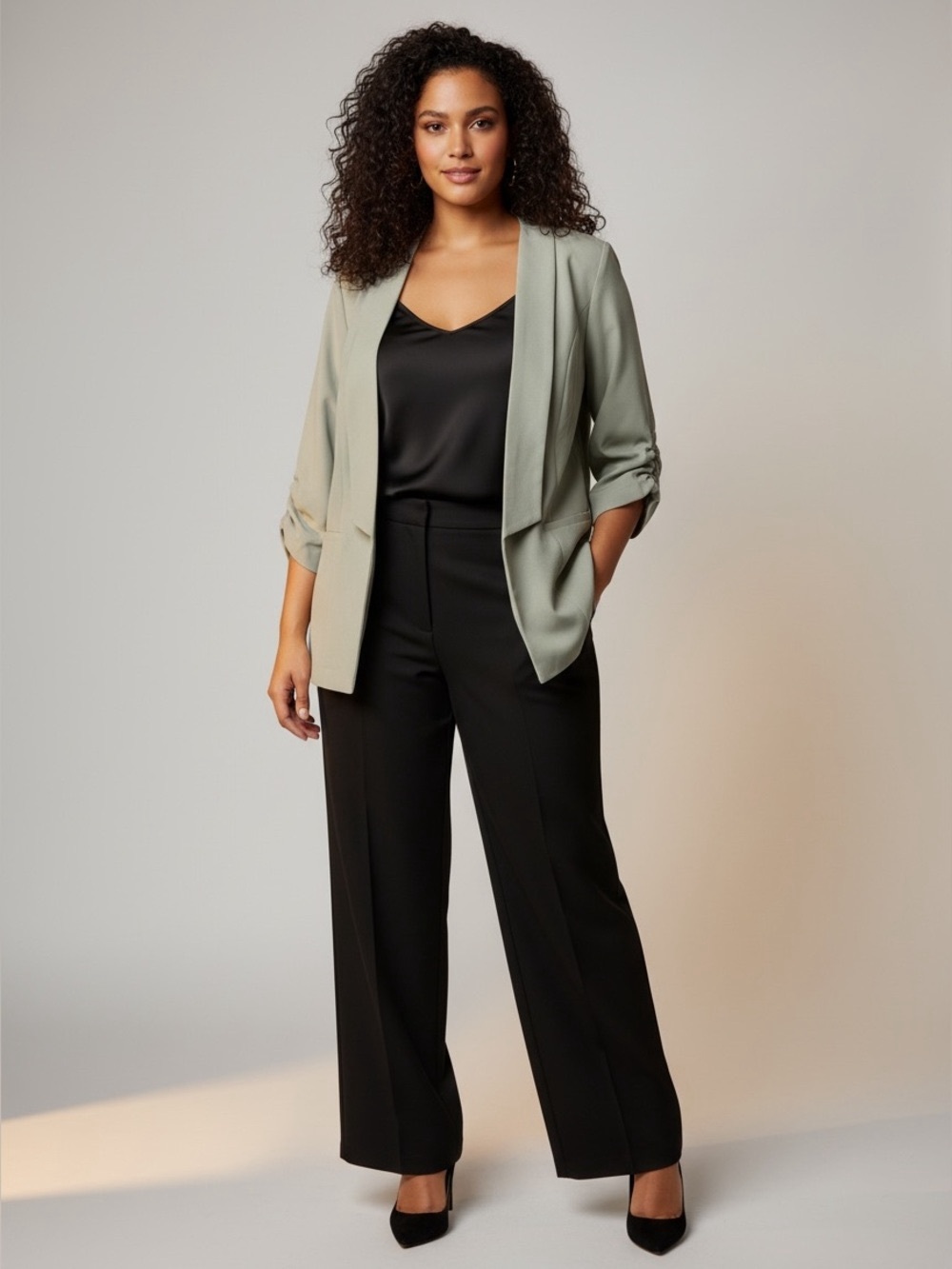 Torrid Ruched Sleeve Open Blazer Jacket Stretch Sage Green Size 4 or 4X